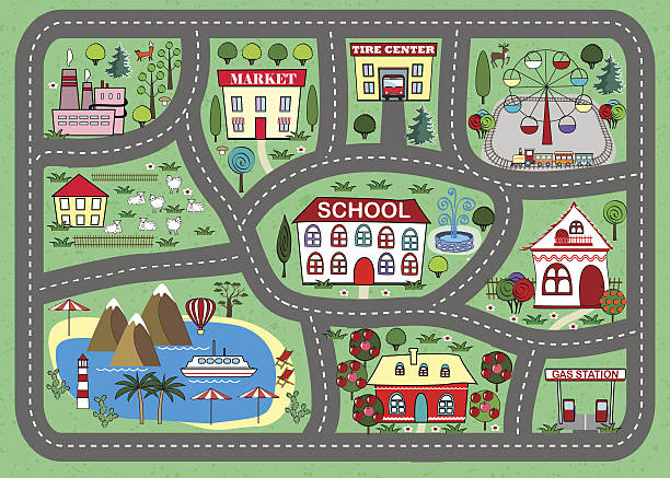 stockillustraties, clipart, cartoons en iconen met road play mat for children activity and entertainment - amusement park