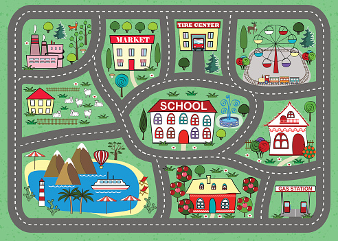 Lovely city landscape car track. Play mat for children activity and entertainment. Sunny city landscape with streets, factory, buildings, and plants.