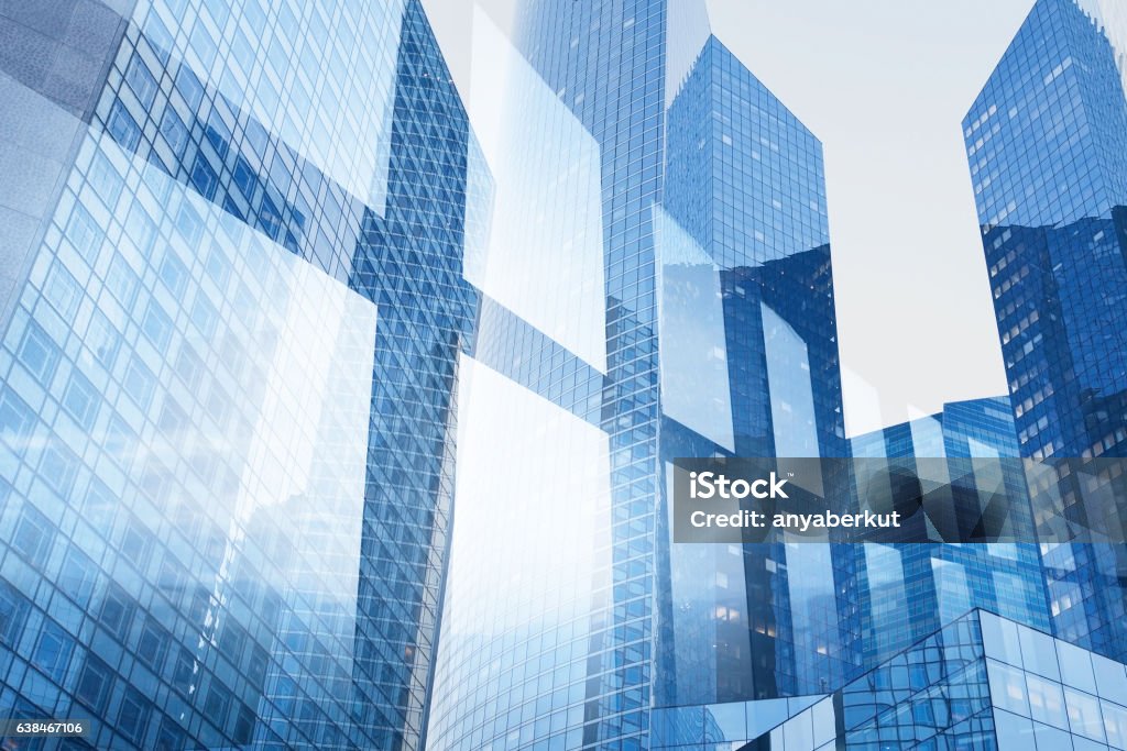 abstract business interior background, blue window double exposure abstract business interior background, blue window double exposure, technology Building Exterior Stock Photo
