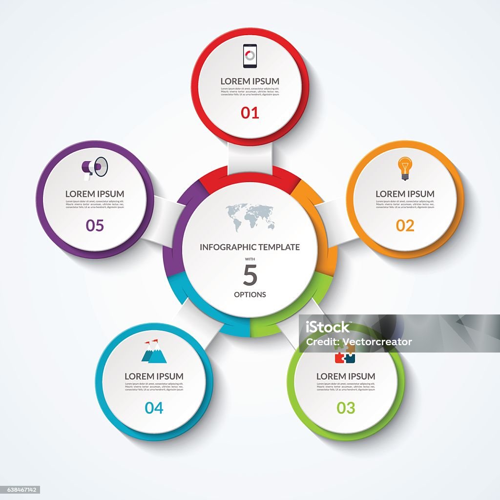 Infographic diagram with 5 options Infographic diagram with 5 options. Vector template what can be used as circular chart, numbered banner, workflow layout, graph, report, presentation, web design. Abstract stock vector