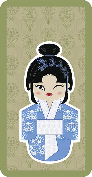 istock Japanese doll, Kokeshi with butterflies on green textured backgr 638467194