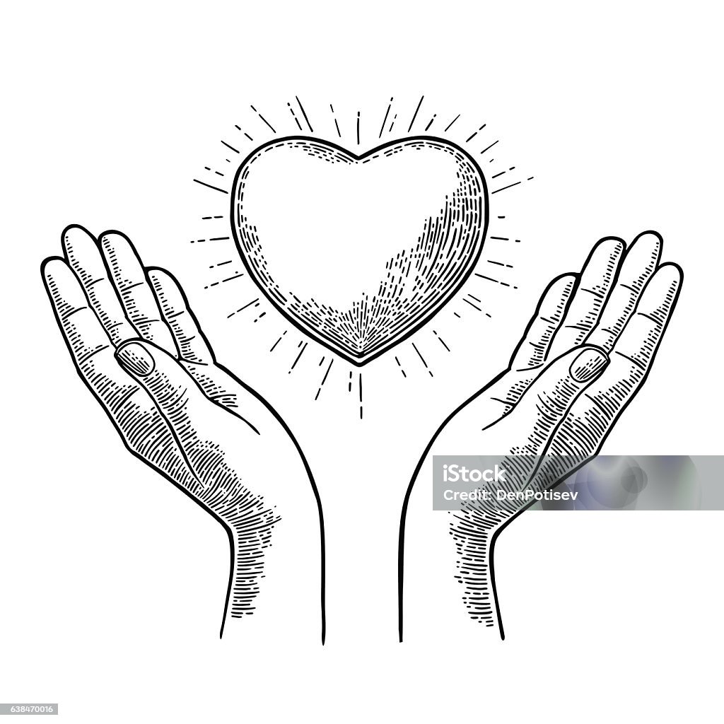 Heart with rays in open female human palms. Vector engrav Heart with rays in open female human palms. Vector black vintage engraving illustration isolated on a white background. For web, poster, info graphic. Engraved Image stock vector