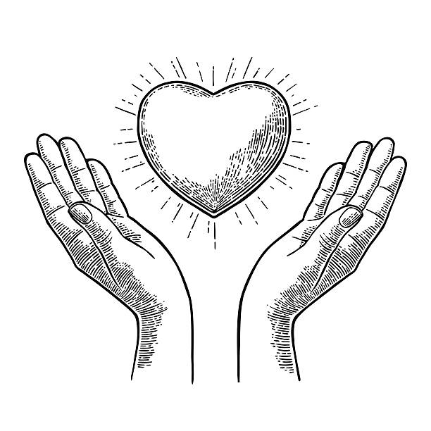 heart with rays in open female human palms. vector engrav - 銅版畫 插圖 幅插畫檔、美工圖案、卡通及圖標