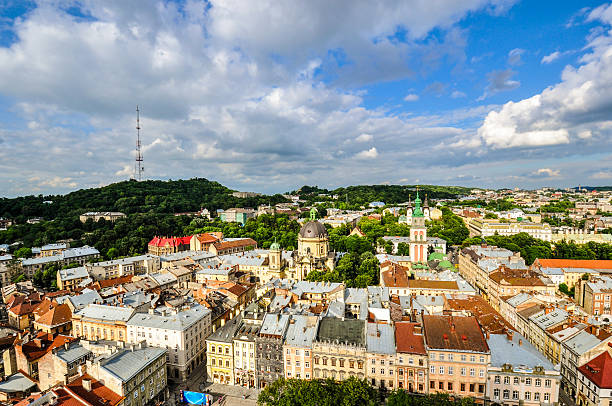 istock Panoramic view of Lviv from above City Hall, Ukraine 638470358