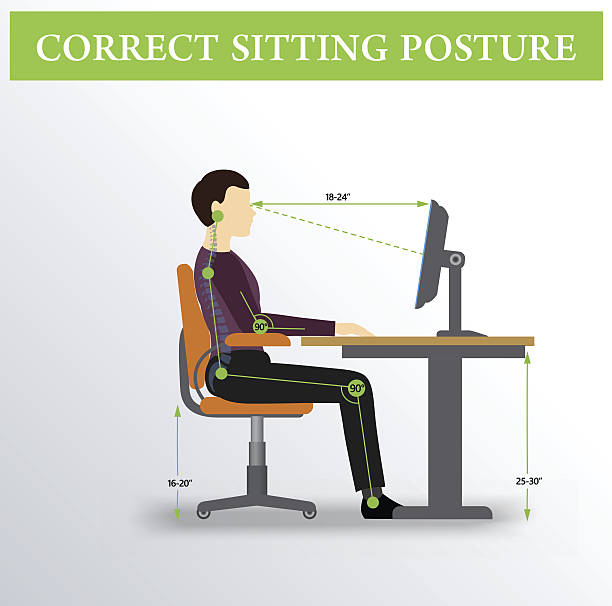 Ergonomics. Correct sitting posture Office ergonomics. Correct sitting posture of a man near the computer proper heavy lifting stock illustrations