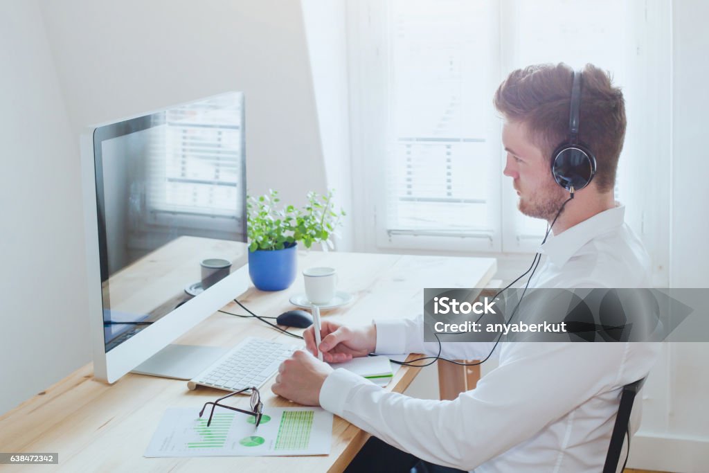 online conference or webinar, business man working in the office online conference or webinar, business man working in the office, education on internet, e-learning Education Training Class Stock Photo