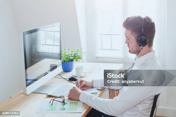 Online Conference Or Webinar Business Man Working In The Office Stock Photo - Download Image Now