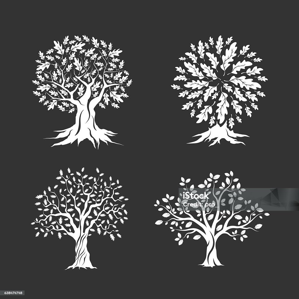 Set frumos de siluete de stejari - vector de stoc Butoi fără redevențe Set frumos de siluete de stejari - vector de stoc Butoi fără redevențe