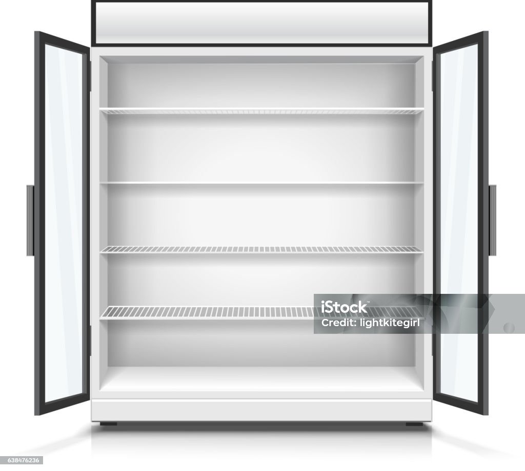 Empty commercial fridge with shelves and opened doors. Realistic empty commercial fridge with shelves and opened doors isolated vector illustration Refrigerator stock vector