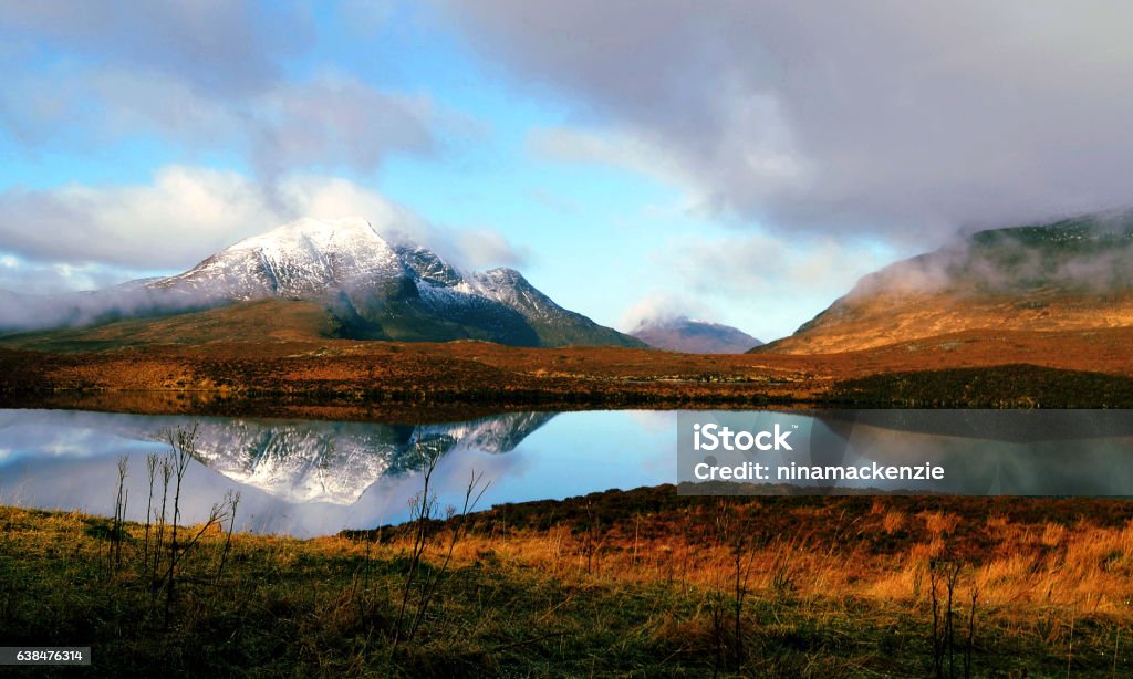 Autumn Golden Scottish Highlands Mountain, Reflection on Sea Landscape of North of Scottish Highlands Scottish Highlands Stock Photo