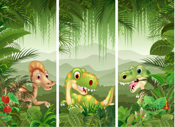 набор динозавров с тропическим лесным фоном - tropical climate banner tropical rainforest placard stock illustrations