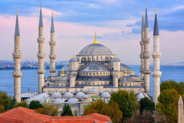 Blue Mosque and Bosporus, Istanbul, Turkey Minarets and domes of Blue Mosque with Bosporus and Marmara sea in background, Istanbul, Turkey blue mosque stock pictures, royalty-free photos & images