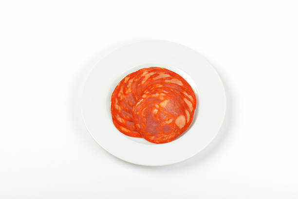 초리조 살라미 조각 - cold cuts thin portion salami 뉴스 사진 이미지