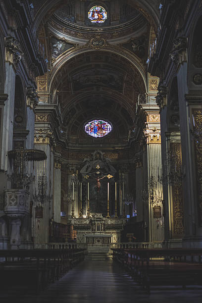 istock Dark baroque church interior 638479536