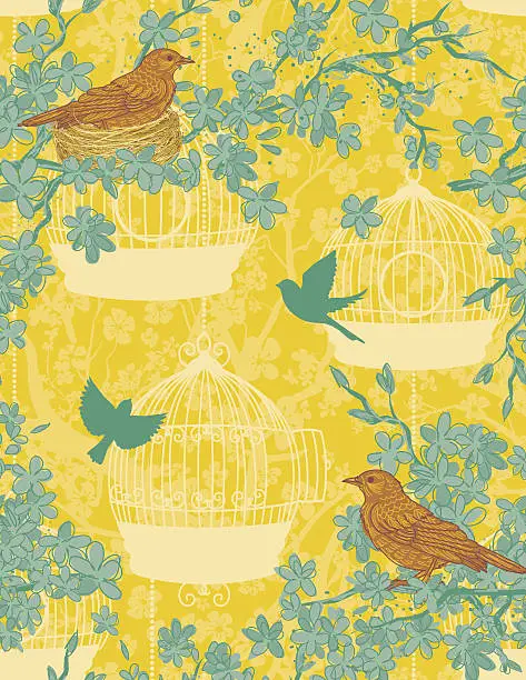 Vector illustration of Songbirds and Cherry Blossom Branches Seamless Pattern