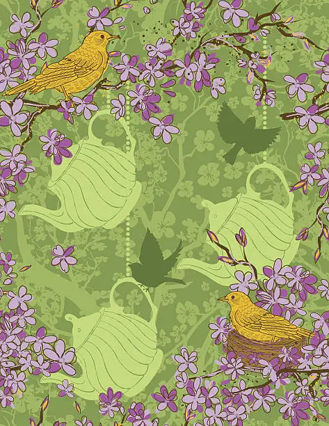 Vector illustration of Songbirds and Cherry Blossom Branches Seamless Pattern