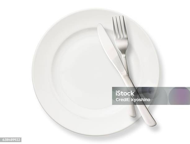 Isolated Shot Of White Plate With Cutlery On White Background Stock Photo - Download Image Now