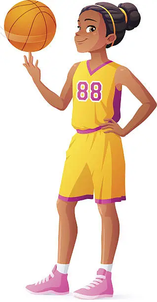 Vector illustration of Vector young African basketball player girl spinning ball on finger.