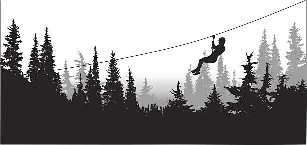 Forest Zip Line Adventure A vector silhouette illustration of a person ziplining above a dense forest. zip line stock illustrations