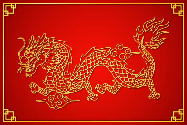 glückliche chinesische neujahrskarte mit gold drachen - dragon chinese dragon china chinese ethnicity stock-grafiken, -clipart, -cartoons und -symbole