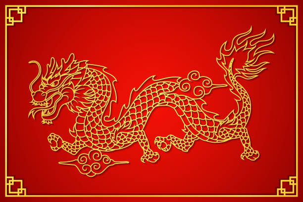 illustrations, cliparts, dessins animés et icônes de bonne carte du nouvel an chinois avec dragon d’or - chinese culture china chinese ethnicity frame