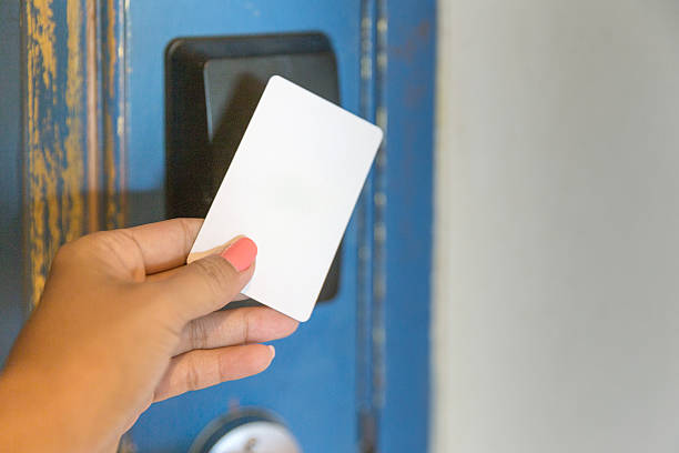 istock Female hand Unlocking Electronic Hotel Door Lock with Key Card 638501940