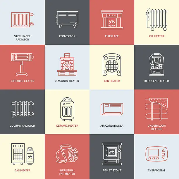 Vector illustration of Oil heater, fireplace, convector, panel column radiator and other house