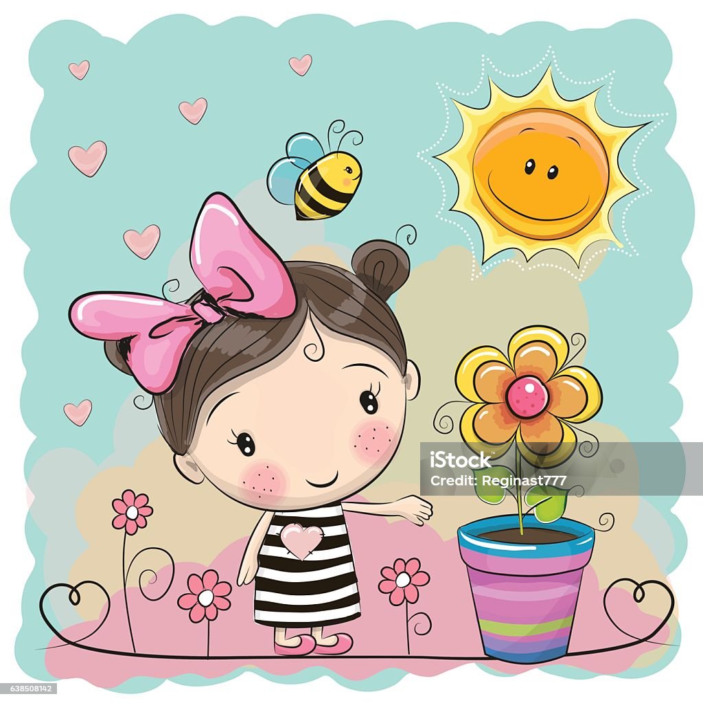 Cartoon Girl On The Meadow With Flowers Stock Illustration - Download Image  Now - Cute, Cartoon, Sun - iStock