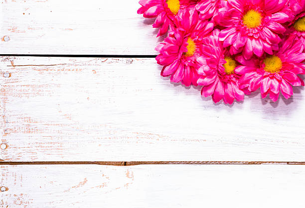 istock Pink gerbera on wooden background, copy space 638510520
