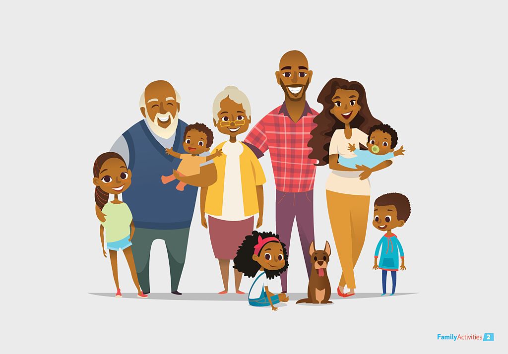 Big happy family portrait. Three generations - grandparents, parents and children of different age together. Smiling cartoon characters. Vector illustration for poster, greeting card, website, ad.