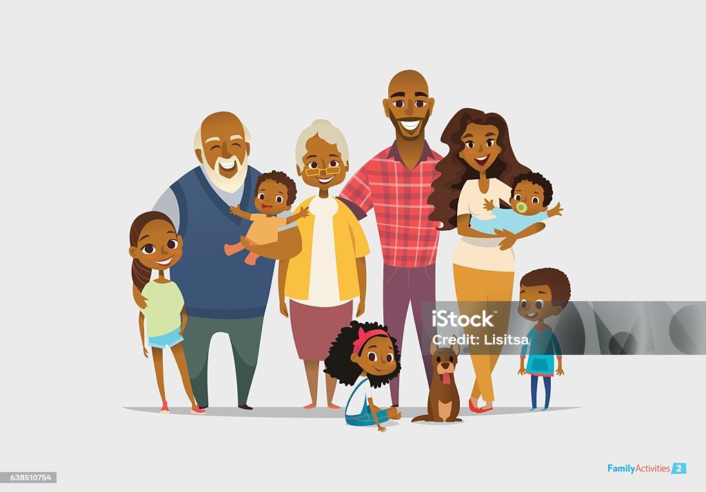 Big happy family portrait. Three generations - grandparents, parents and Big happy family portrait. Three generations - grandparents, parents and children of different age together. Smiling cartoon characters. Vector illustration for poster, greeting card, website, ad. Family stock vector