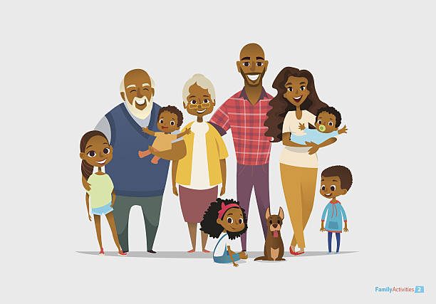 Big happy family portrait. Three generations - grandparents, parents and Big happy family portrait. Three generations - grandparents, parents and children of different age together. Smiling cartoon characters. Vector illustration for poster, greeting card, website, ad. father daughter stock illustrations