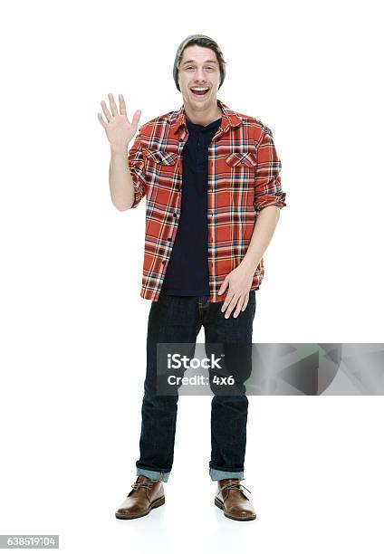 Smiling Hipster Waving Hand Stock Photo - Download Image Now - 20-29 Years, Adult, Adults Only