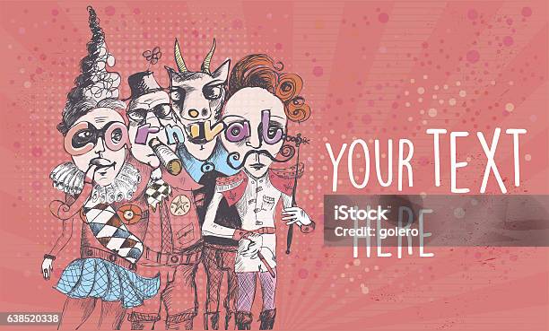 Scribbled Surreal Carnival People On Vintage Background Stock Illustration - Download Image Now