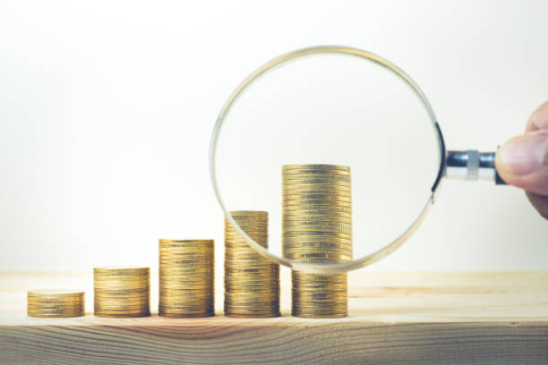 istock Male hand holding magnifying glass with coin stacked 638521350