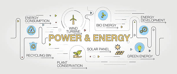 ilustrações, clipart, desenhos animados e ícones de banner e ícones de energia e energia - alternative energy data fuel and power generation light bulb