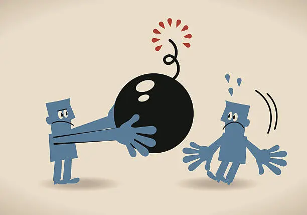 Vector illustration of Businessman giving (pushing) bomb (crisis, threat) to another one