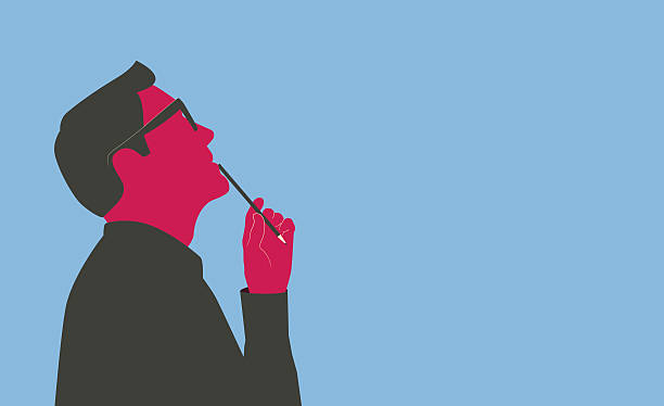 Man thinking. Man holding a pencil, looking up and thinking. Stylized silhouette isolated on blue background. journalism illustrations stock illustrations
