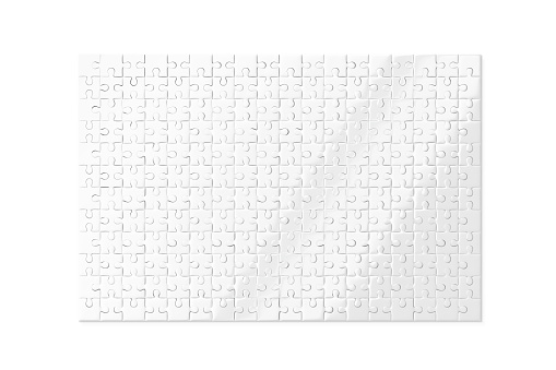 Blank white puzzles game mockup isolated, 3d rendering. Clear jigsaw pieces connected together, design mock up. Big board toy template.