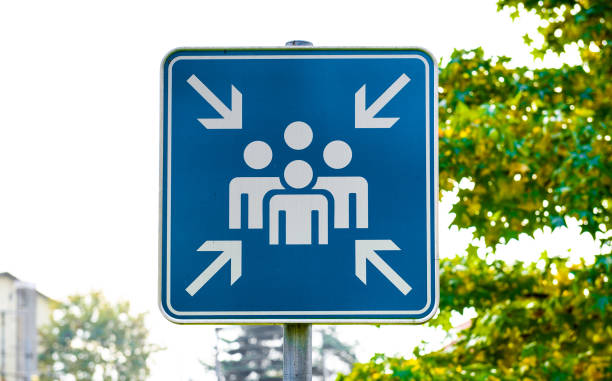 istock Blue assembly point or meeting sign close up in nature. 638529034