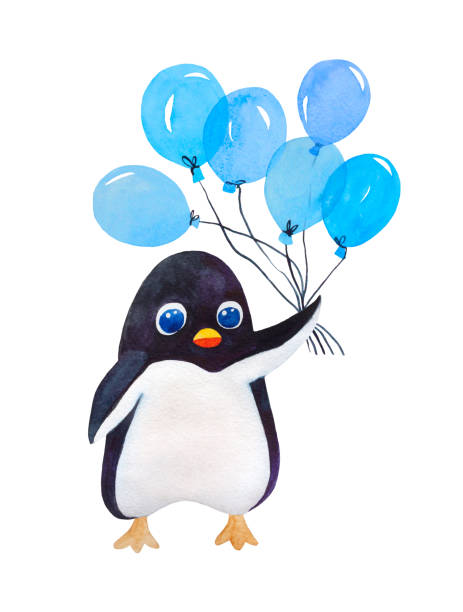 Penguin with balloons in watercolor.