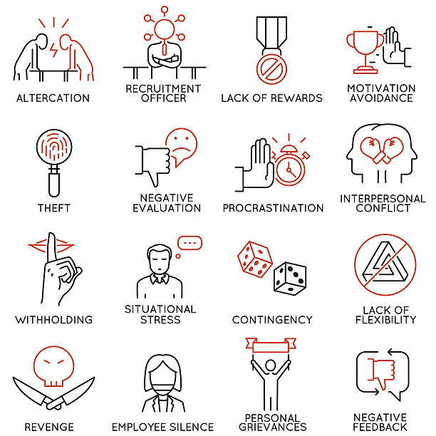 Business ethics, organizational behavior in the workplace icons - part2 Vector set of 16 icons related to business ethics, organizational behavior in the workplace and workplace incivility. Mono line pictograms and infographics design elements - part 2 revenge stock illustrations