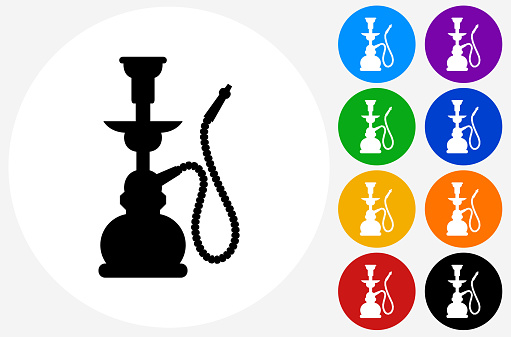 Hookah Icon on Flat Color Circle Buttons. This 100% royalty free vector illustration features the main icon pictured in black inside a white circle. The alternative color options in blue, green, yellow, red, purple, indigo, orange and black are on the right of the icon and are arranged in two vertical columns.