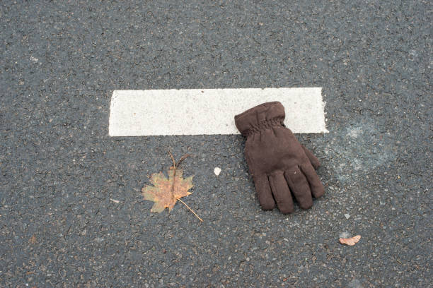 lost warm glove and maple leaf on road marking by autumn
