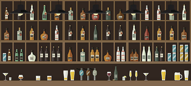 Bar counter with drinks Bar Restaurant counter with drinks in flat style. Vector banner with shelves with alcohol. bartender illustrations stock illustrations