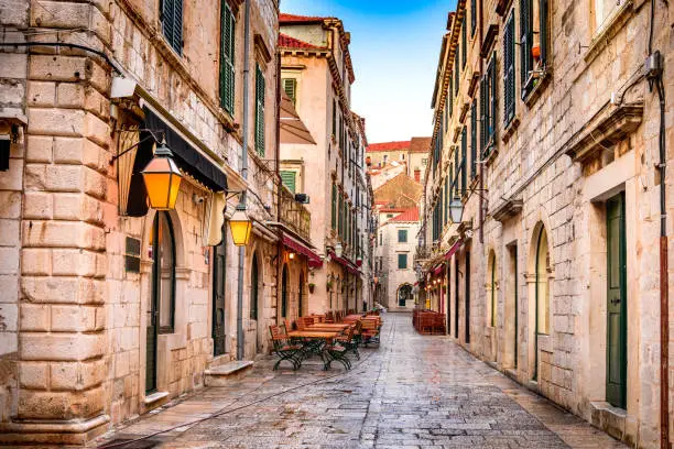 Dubrovnik, Croatia.  Dubrovnik old city street view (medieval Ragusa) in Stradum area.