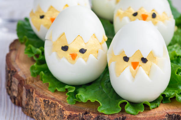 istock Little chicken in nest, deviled eggs served with salad, horizontal 638547388