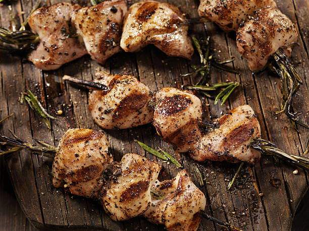 BBQ, Rosemary Chicken Skewers BBq,Rosemary Chicken Skewers-Photographed on a Hasselblad H3D11-39 megapixel Camera System chicken skewer stock pictures, royalty-free photos & images