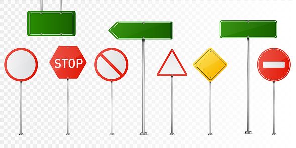 Set of road signs isolated on transparent background. Vector illustration.