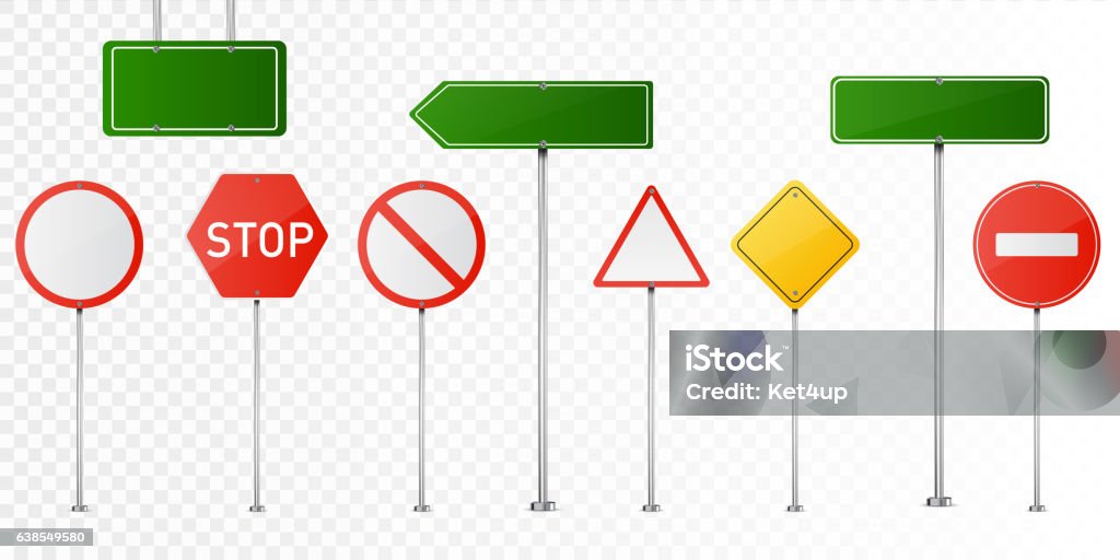 Set of vector road signs isolated on transparent background. Set of road signs isolated on transparent background. Vector illustration. Blank stock vector